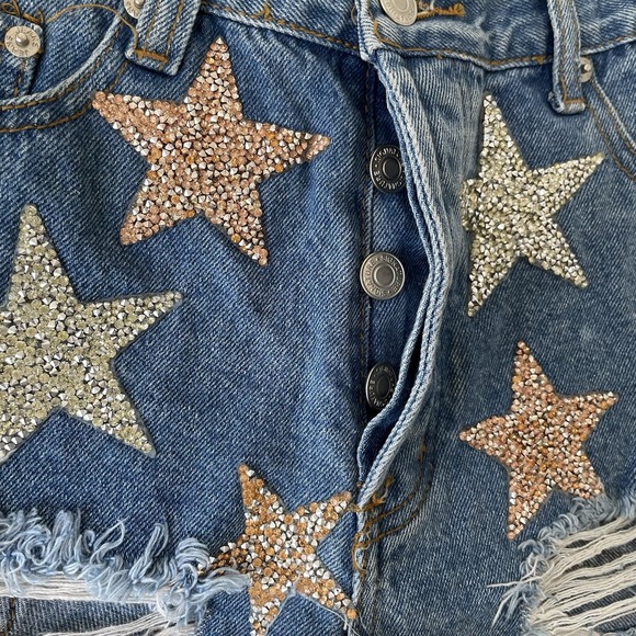 Star Rhinestone Distressed Denim Cutoff‎ Shorts Women's M Festival Y2K - Picture 3 of 7